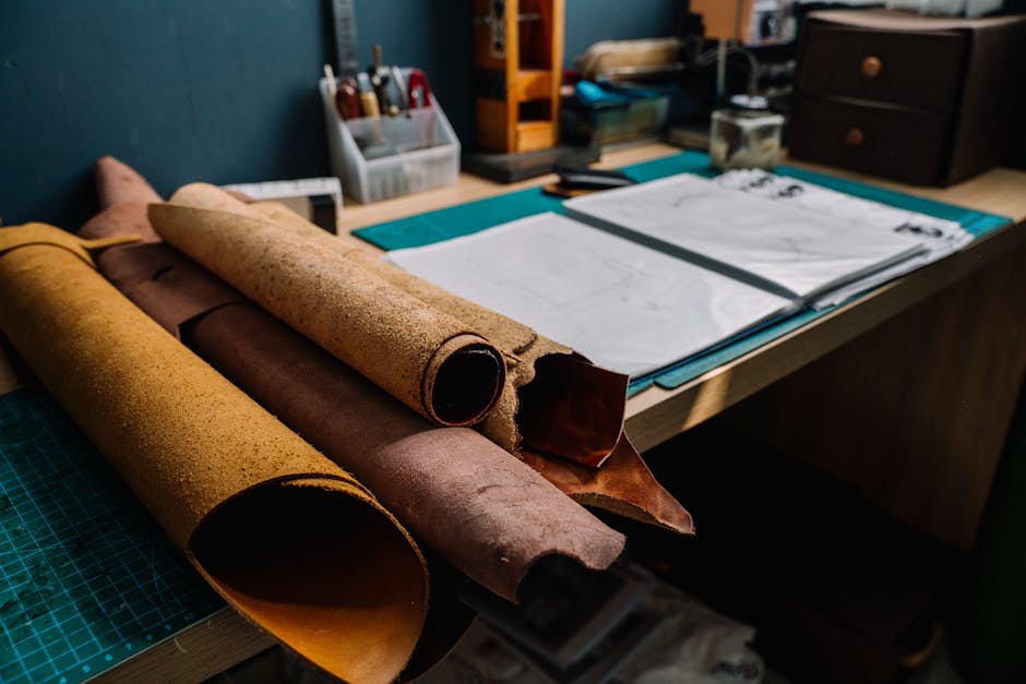 Leather rolls on a workshop desk with tools and sketches, ideal for crafting projects.